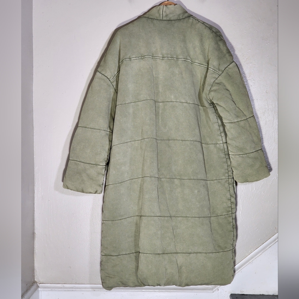 Free People Quilted Padded Long Coat in Sage Green - Picture 2 of 5